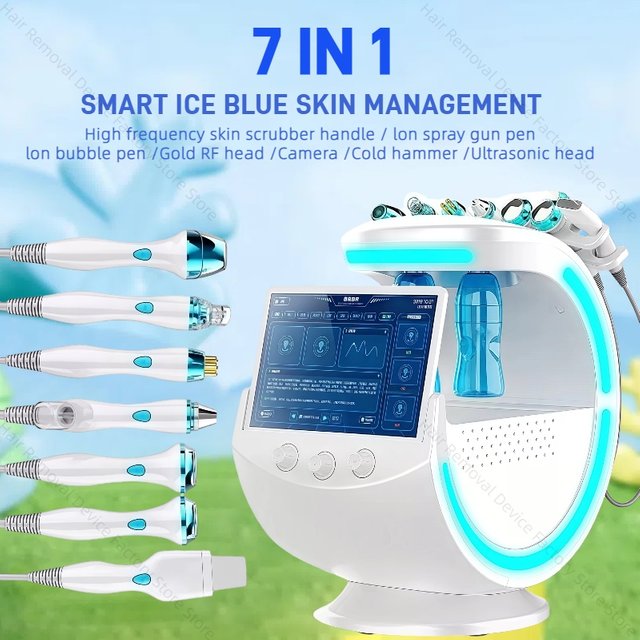 New 7 In 1 Smart Facial Cleansing Skin Analyze Deep Pore Vacuum Hydra Lift Anti-aging Beauty Machine Ice Blue