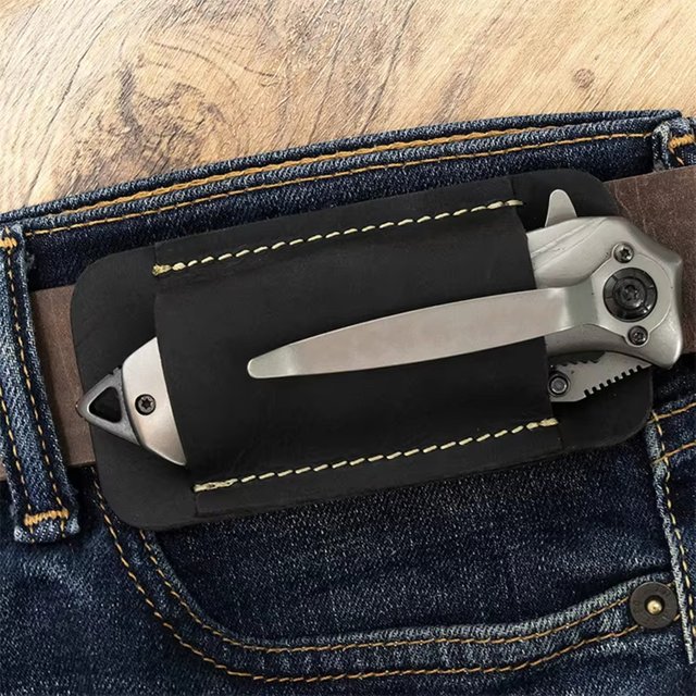 Couteau pliant EDC en cuir véritable, gaine, porte-taille, rangement de survie, accessoire d'extérieur, couverture pour couteaux pliants