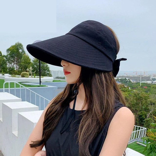 COKK Summer Hat Women Empty Top Foldable Sunhat Sunscreen Hats for women Solid Color With Bow Ladies Hats Beach Cap Sun Hat