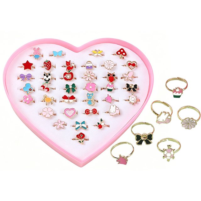 12/36pcs Cartoon Cute Rings Adjustable for Children Girls Pretend Play Makeup Toys Crystal Jewelry Alloy Animal Enamel Ring TMZ