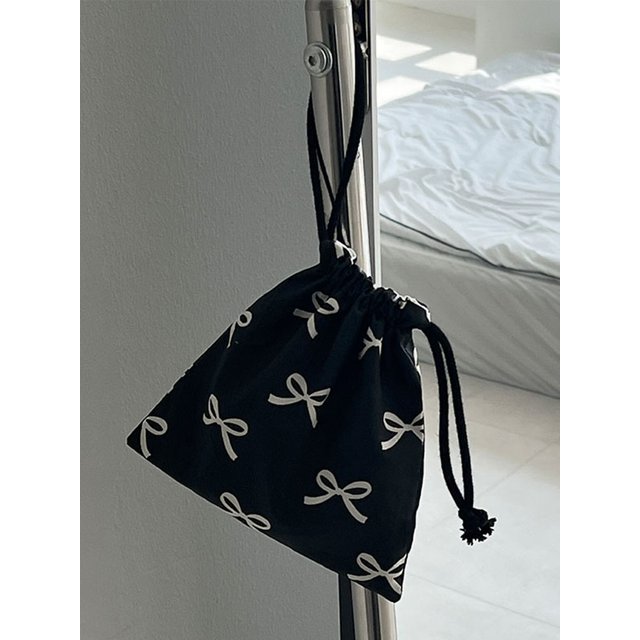 Korean Bow Storage Bag Cotton Polyester Sweet Kawaii Drawstring Bag Lipstick Portable Makeup Bag Travel Organizer Accessories