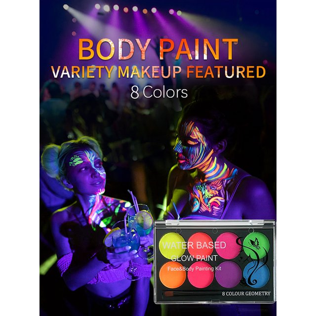 8-Color Fluorescent Adult Face Painting Kit,Makeup Palette with Brushes,Perfect for Carnival,Halloween,Costume, Creative Event