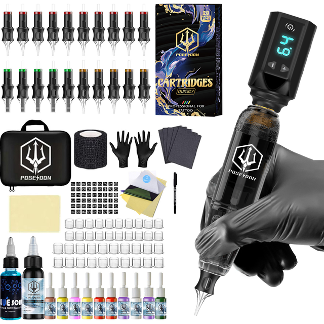 Tattoo Kit POSEIDON V5 Lightweight Tattoo Pen Kit For Permanent Makeup Tattoo Machine Kit Wireless Black Tattoo Gun Tattoo Kit