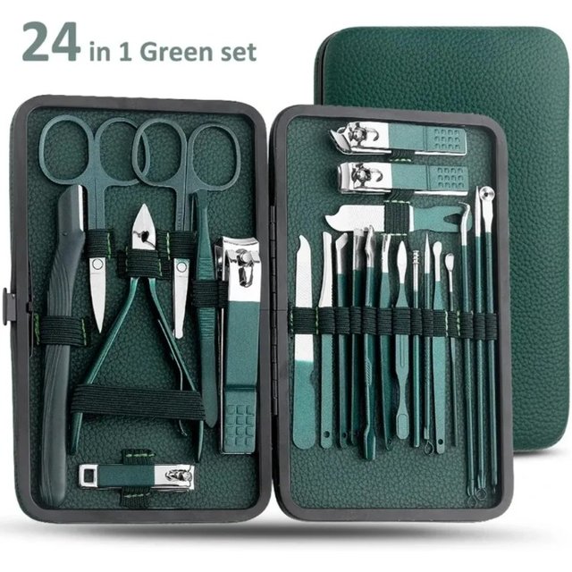 Nail clipper set, home nail clippers, dark green 7-24piece set, pedicure, exfoliation and nail care tools