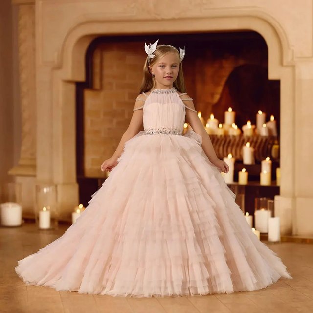 Robe à fleurs rose Blush pour filles, pour mariage, col haut, perles, robes d'anniversaire de princesse, robe de première Communion personnalisée