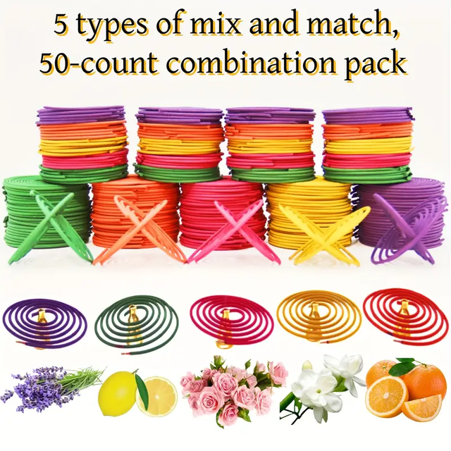 50 pièces d'encens en spirale naturelle avec 5 parfums colorés, idéal pour un usage domestique et pour une diffusion de parfum longue durée dans un studio de yoga.