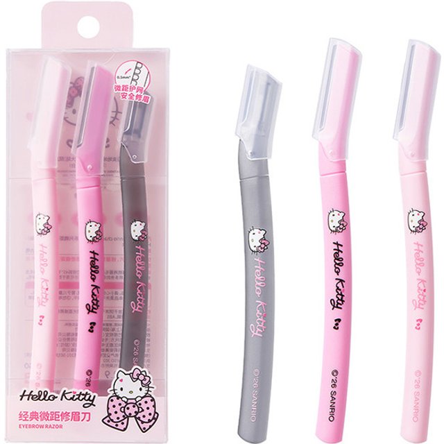 Official Sweet Cool Hello Kitty Eyebrow Razor 3 Pack Stainless Steel Precision Micro Guard Anti Slip Handle Safe Facial