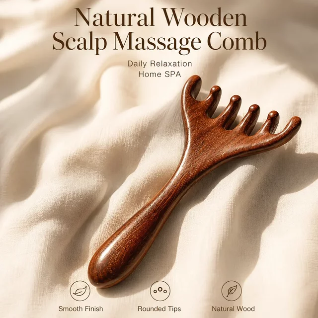 Natural Sandalwood Scalp Massage Comb, 5 Finger Anti Static Hair Brush, Wooden Head Massager Tool for Neck Relaxation & Home SPA
