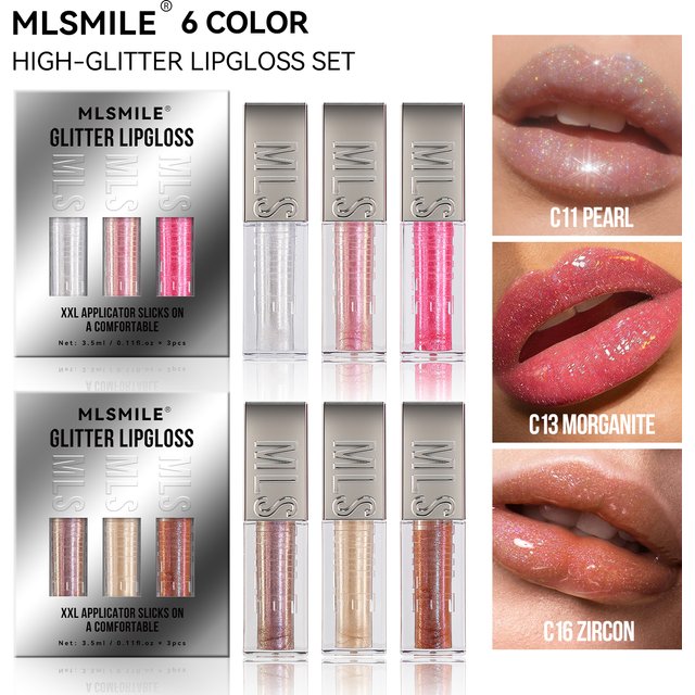 MLSMILE burst flash lip glaze set, large brush head mirror pearlescent lip honey, fine flash liquid lipstick 3 pcs, Valentine's