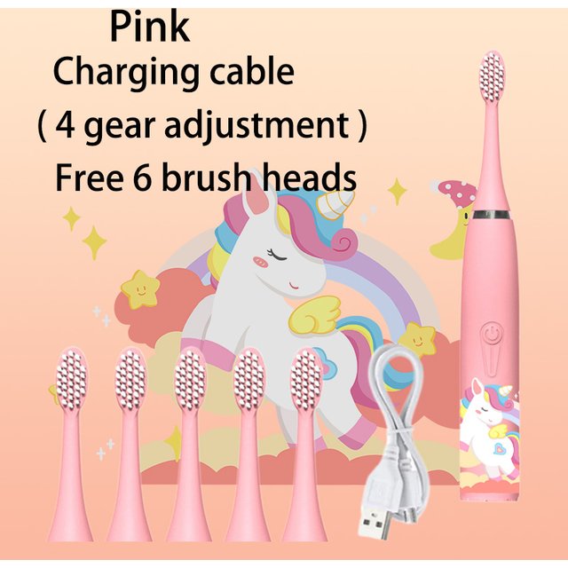 Sonic Electric Toothbrush Cartoon Kids With Cleaning brush Ultrasonic IPX7 Waterproof Rechargeable Timer Brush for Children Pink