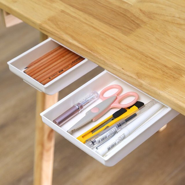 1pc White SelfAdhesive Storage Drawer Box Makeup Pencil Tray Desk Hidden Under Desk Stand Self-adhesive Under-drawer Storage Box