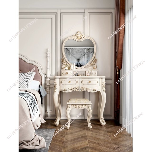 European Dressers Vanity Set Mirror White Makeup Desk With Drawers & Stool - Small Wood Dressing Table For Bedroom