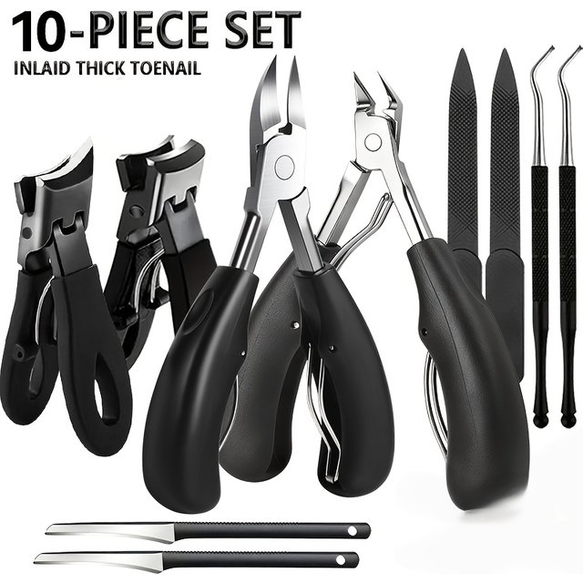 10pcs Professional Nail Care Set – Wide-Mouth Nail Clippers, Cutter, Scissors & File Set | for Thick Nails, Men & Women