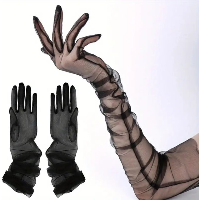 Women Sexy Lace Gloves White Black Mesh Tulle Gloves Driving Summer Sunscreen Mittens Wedding Etiquette Thin Elbow Long Gloves