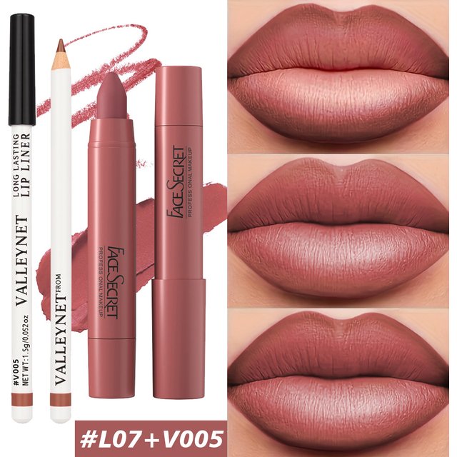 2Pcs Lip ComboLip,Liner+Matte Velvet Lipstick,Long lasting Waterproof,Daily Natural Lip Makeup Cosmetics