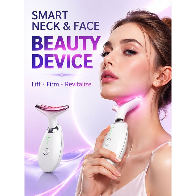Neck Facial Massager EMS Microcurrent Beauty Device LED Light Therapy Face Care Tool with Warm Massage Function