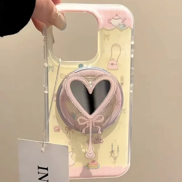 Korean Cute 3D Heart Makeup Mirror for Magsafe Griptok Holder Phone Finger Ring Stand Support for IPhone 17 Girl Bracket