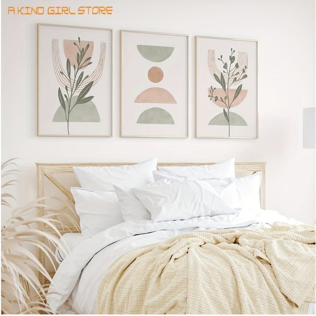 3pcs set of Sage Green Bohemian Posters, Mid-Century Modern Wall Art, Neutral Abstract Plant Art, Olive Green and Blush Pink, Pe