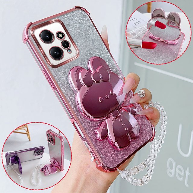 Luxury Shockproof Phone Case with Cute Rabbit Makeup Swivel Stand Crystal Lanyard For Redmi Note 12 Pro 4G 5G Note12S Back Cover