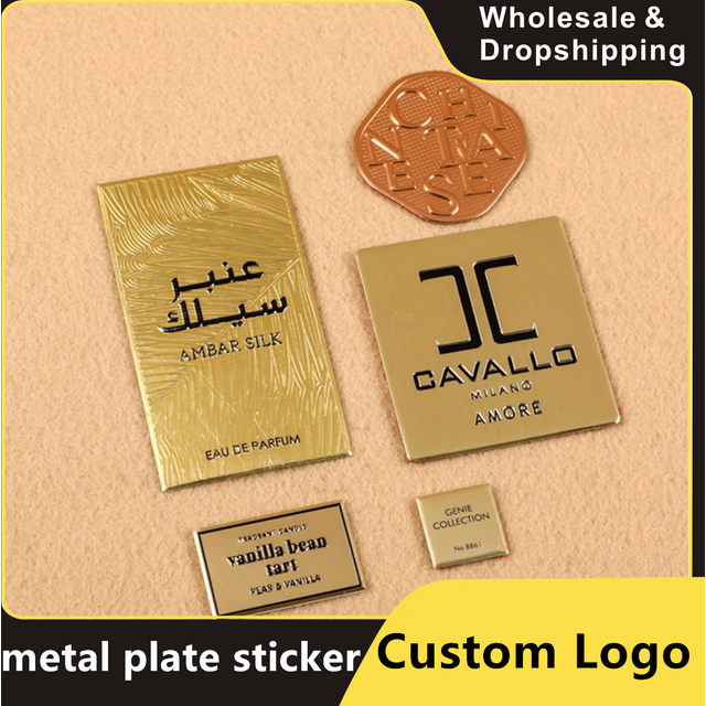Plaque métallique en aluminium avec Logo personnalisé avec colle arrière forte, marque personnalisée pour boîte-cadeau, bouteille de parfum, Arc, étiquette métallique de vin 3D