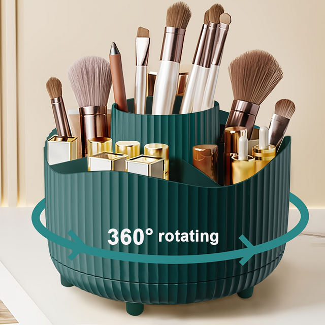 360-Degree Rotating Makeup Organizer 5 Slot Plastic Cosmetic Storage Elegant Stripe Versatile Holder for Brushes Office Supplies