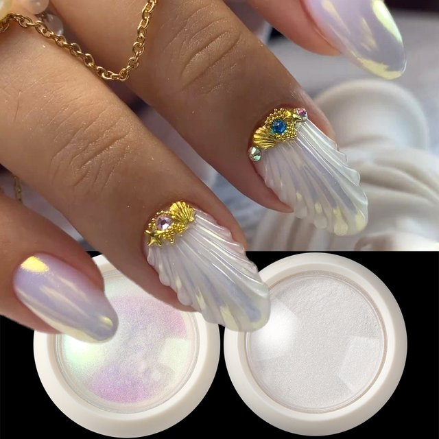 2 Boxes Mermaid Chrome White Nail Powder Aurora Mirror Nail Art Powder Pigment Unicorn Pearl Glitter Makeup Decorations Manicure