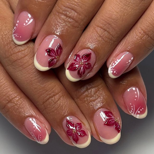 24Pcs Simple Flower Stick on Pink Round Head Fake Nails French Tips with Blush Press on Nails Sets Finished Reusable False Nail
