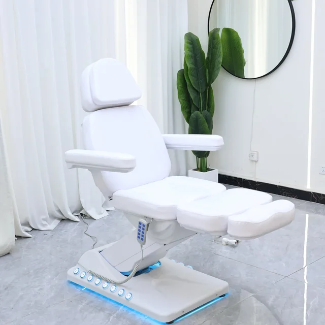 Luxury 3 Motors Electric Beauty Bed With LED Base Light PU Leather Adjustable Facial Lash Massage Chair For Salon Spa Clinic