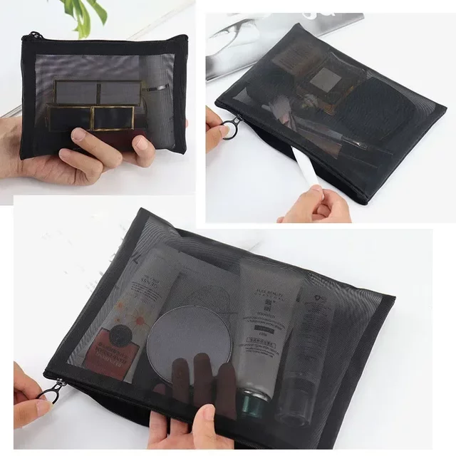 1PCS Women Large Cosmetic Bag Transparent Mesh Zipper Organizer Fashion Girl Black Toiletry Bags Makeup Organizer Pouch Case