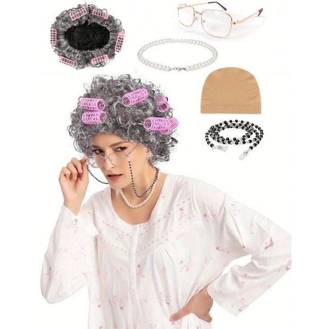Costume de Cosplay pour personnes âgées d'âge moyen, casquette de grand-mère drôle, collier de perles, lunettes, ensemble de perruques pour mascarade d'halloween