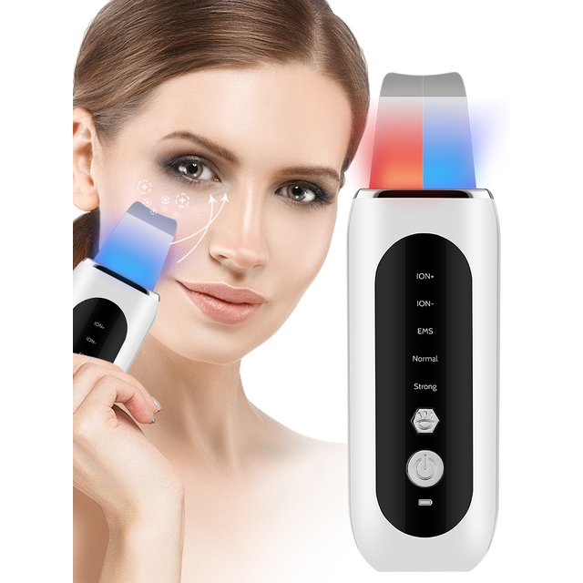 Ultrasonic Skin Scrubber EMS Face Lifting Machine Red Blue Light Blackhead Remover Pore Cleaner Deep Cleansing Facial Spatula