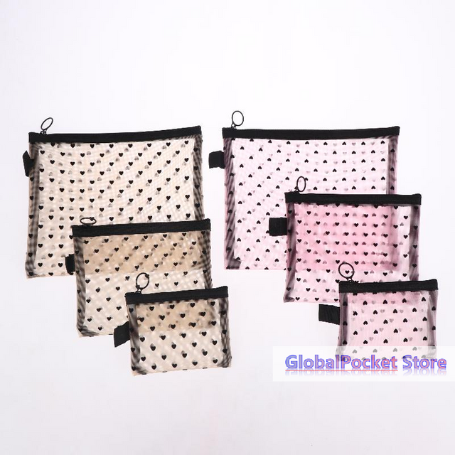 3Pcs Hot Mini Transparent Heart Makeup Bag Women Portable Lipsticks Cosmetic Storage Pouch Ins Clear Cute Small Make Up Bag