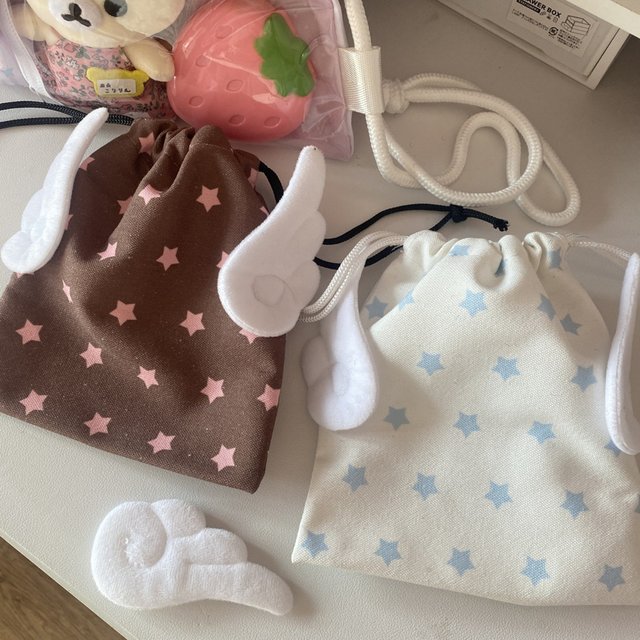 Y2K Canvas Angel Wings Stars Makeup Bag Portable Beam Drawstring Bag Strawberry Musical Notes Dustproof Storage Bag Makeup Pouch