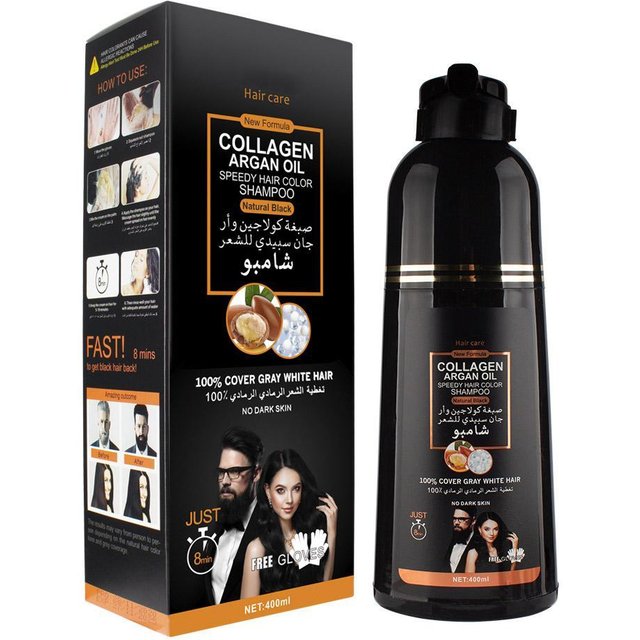Shampoing 3-en-1 au collagène et à l'huile d'argan, colorant capillaire noir longue durée pour hommes et femmes, nourrit les cheveux gris, 400/420 ml