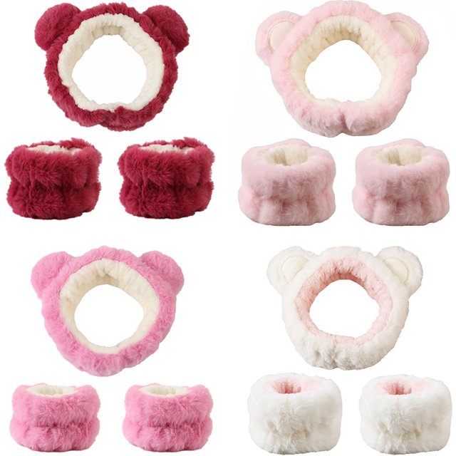3pcs Cute Bear Headband Set Fluffy Makeup Headband for Face Wash, Face Mask, Skin Care Matching wristband