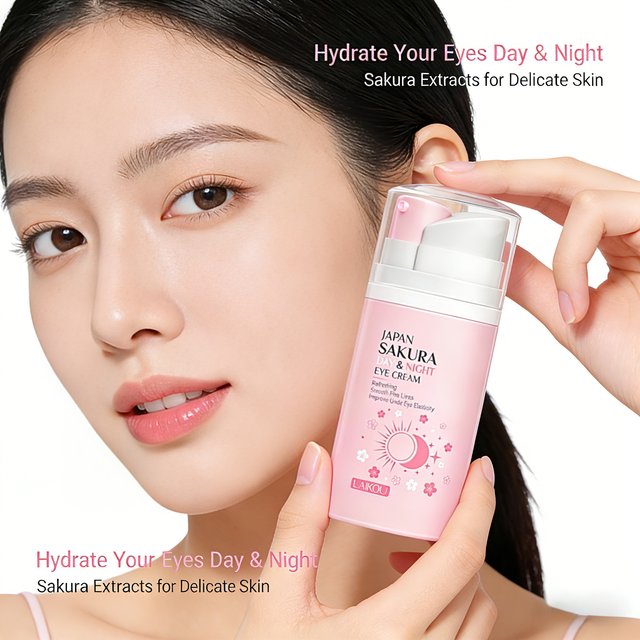 LAIKOU Japan Sakura Day Night Pump Eye Cream Refreshing Smooth Fine Lines Improve Under Eye Elasticity Sakura Extract Eye Care