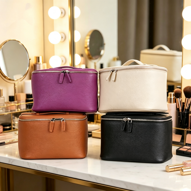 CLAREGQI Women's Genuine Leather Cosmetic Bag Large Capacity Portable Travel Makeup Organizer Case with Top Handle