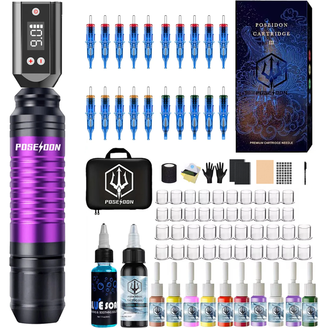 POSEIDON Tattoo Kit Or Tattoo Machnie New Battery For Permanent Makeup Tattoo Machine Kit Tattoo Power Supply Tattoo Gun Kit
