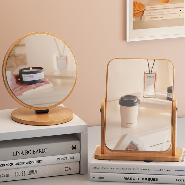 Dresser Vanity Makeup Mirror with Wood Stand 360 Degree Rotating Compact Cosmetic Mirror Portable Counter-top Mirror Bath Gift