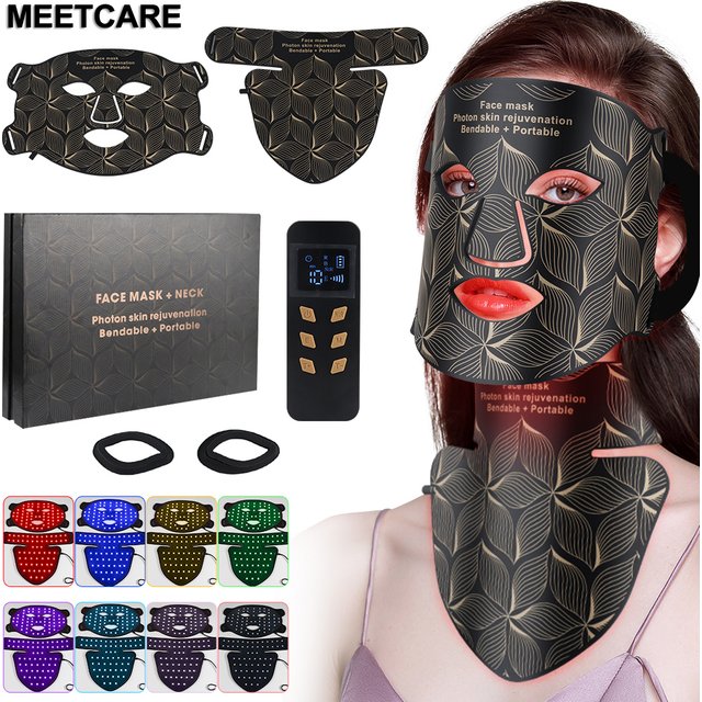 LED 8 Colors Face Mask and Neck Red Light Near Infrared Therapy Anti Aging Wrinkle Acne Pore Oil Control Skin Tighten Whiten