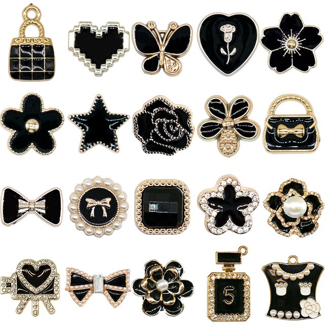 Breloques de chaussures en métal noir, fleur scintillante, sac de luxe, accessoires de chaussures de parfum pour femmes et hommes, boucle sabot, décoration de sandales de baskets, 1/20 pièces