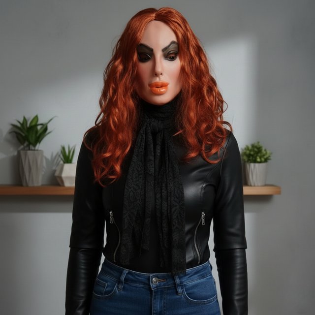 Adult Latex Mask with Long Wavy Wig Set, Realistic Big Mouth Face Mask for Halloween Party Cosplay Costume Props