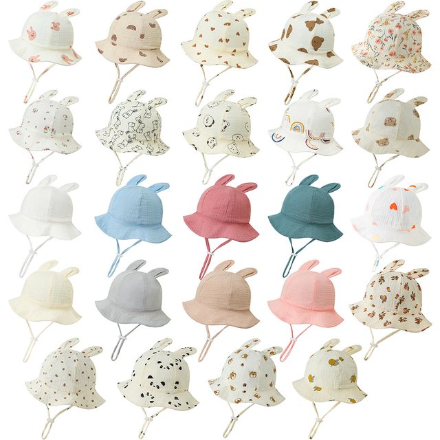 New Baby Cotton Bucket Hat Newborn Rabbit Ears Sunscreen Outdoor Caps Boys Girls Print Panama Hat Beach Fishing Hat For 3-12 M