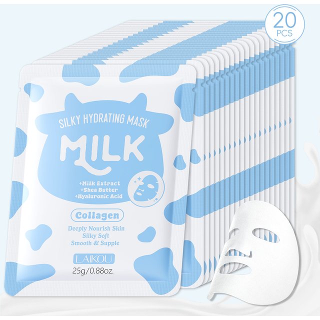 LAIKOU Milk Silky Hydrating Mask Brightening Collagen Sheet Mask Anti-Age Skin Care Moisturizing Face Mask 25g*20pcs