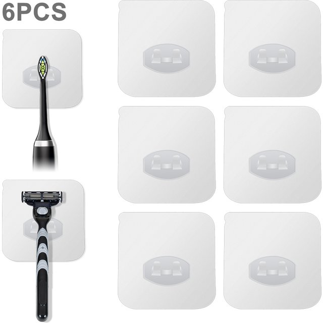 6Pcs Multi-Purpose Toothbrush Holder Plastic Self Adhesive Hook for Razor Plug Phone Bathroom Storage No Drilling Transparent