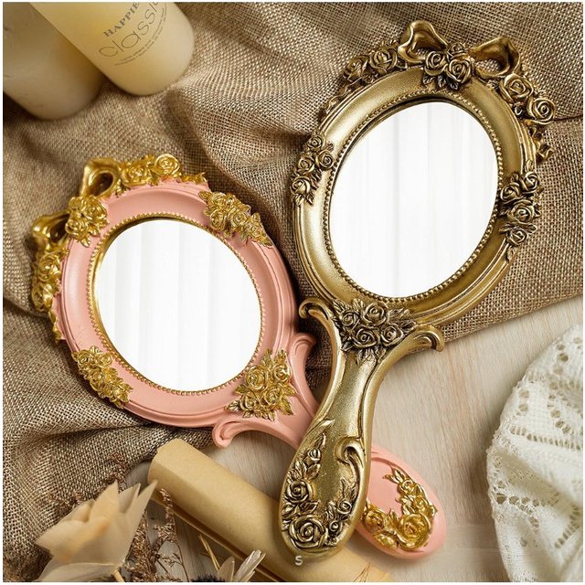 Vintage Handheld Mirror Vanity Makeup Compact Travel Beautiful Portable Oval Embossed Resin Hand Shank Mirrors Gift for Mom Girl