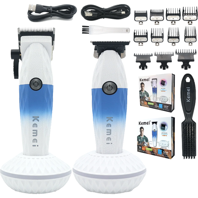 Kemei Professional Hair Clipper Men Kit DLC Blade 10000RPM Blue Hypoallergenic Knife Net with Base Charger Hair Cutting Machine