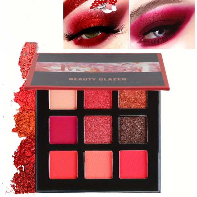 Matte Glitter Eyeshadow Palette 9 Colors, Red Color Tone Shimmer Eyeshadow Palette, Long Lasting High Pigmented Powder Colorful