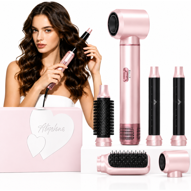ATOPSKINS Pink 5-in-1 Hair Dryer - Multifunctional Curling Comb - Automatic Hot Air Styling and Curling