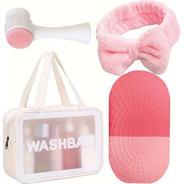 4-Piece Skin Care Gift Set: Ice Roller, Coral Fleece Headband, Makeup Bag and Cleansing Brush - Beauty Tools, Headband